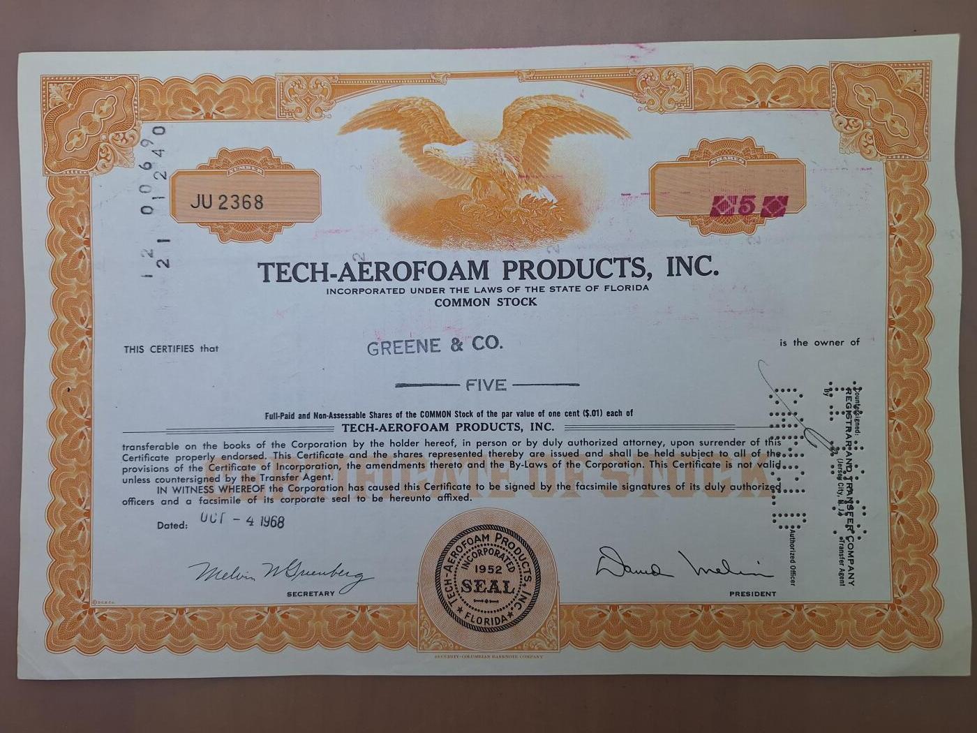 狮子猫股票债券纸品第二期 美国1968年泰克-空气泡沫产品公司 号码2368