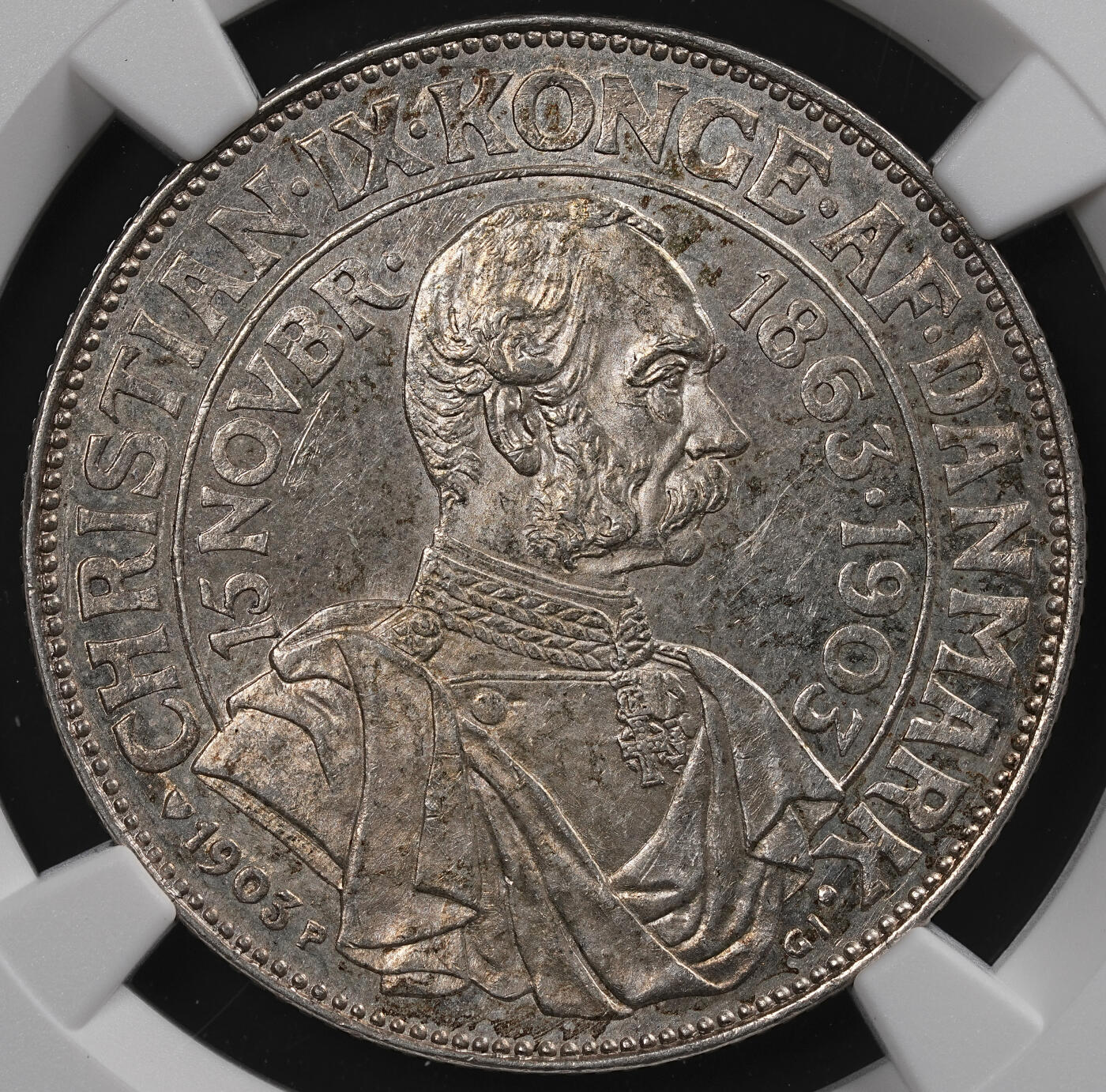 修遠堂世界钱币第八十二期 NGC MS64 1903年丹麦国王登基40周年纪念2克朗银币