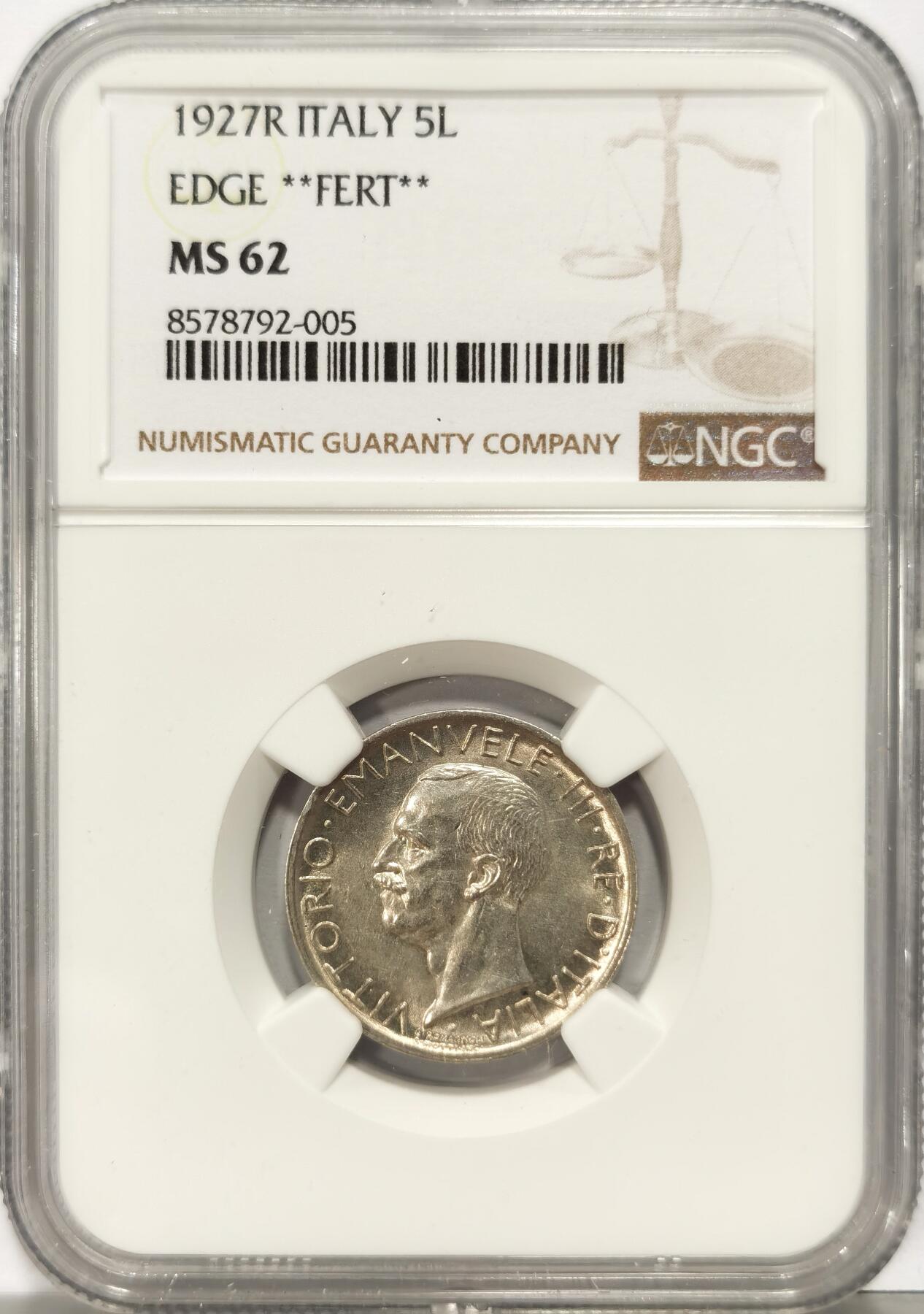 博洋堂世界钱币拍卖第136期（全场包邮） NGC MS62 意大利1927年小鹰5里拉银币