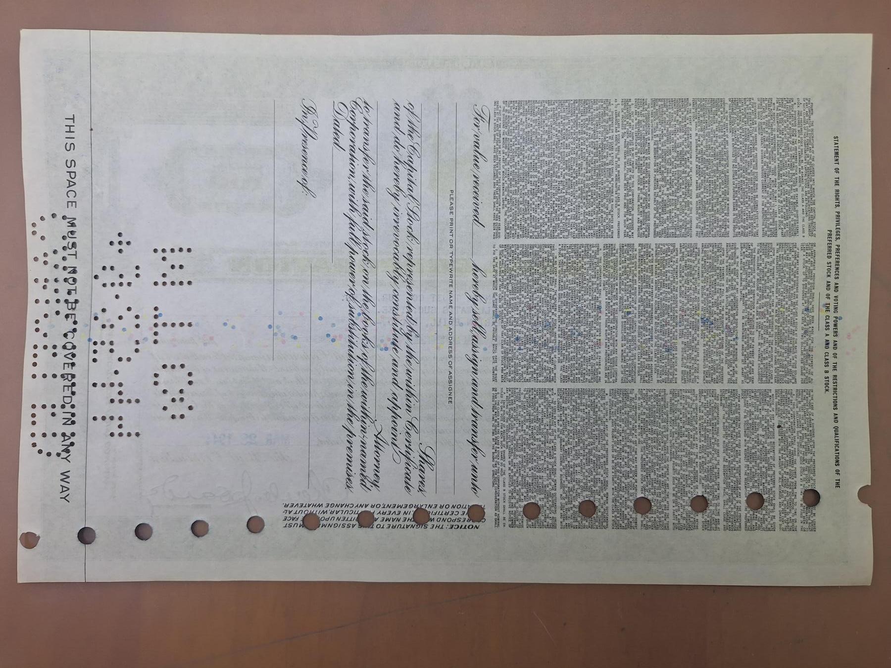 狮子猫股票债券纸品第二期 美国1944年布里尔公司 号码9377