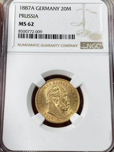 万国钱币拍卖第052期 - NGC MS62 1887年德国普鲁士威廉一世短翅流通20马克金币 柏林厂铸 几乎是最后的短翅帝国金币 十字转光 7.96g 900金