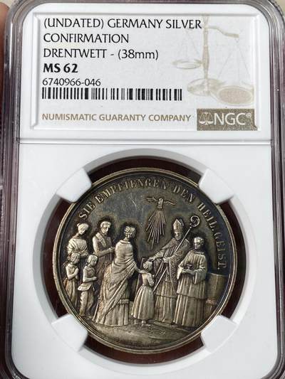 万国钱币拍卖第052期 - NGC MS62 19世纪德国坚信礼洗礼纪念大银章 罕见38MM 人物刻画细腻 葡萄藤原味红玫瑰彩