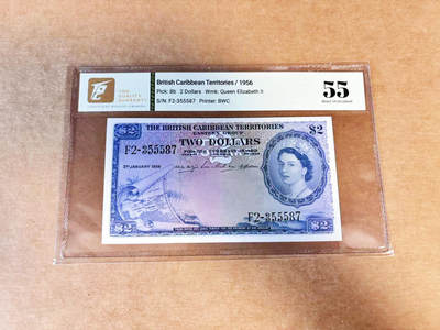 【Blue Auction】世界纸币精拍第717期——18级TOP拍卖/信誉/品质/专业/高效💫 - 英属东加勒比 1956年2元 大冠女王 大地图 TQG55