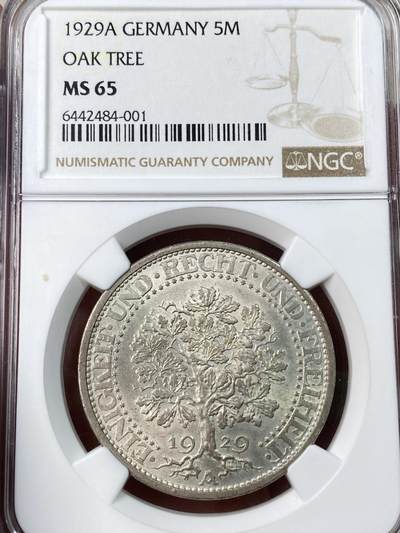 万国钱币拍卖第052期 - NGC MS65 1929A柏林厂德国魏玛共和国橡树5马克 粉光四溢 顶级收藏状态 