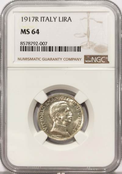 博洋堂世界钱币拍卖第136期（全场包邮） - NGC MS64 意大利1917年马车1里拉银币