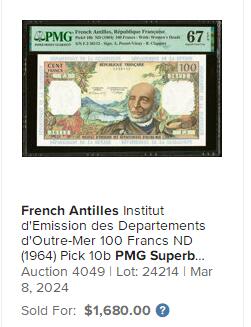 【Blue Auction】世界纸币精拍第717期——18级TOP拍卖/信誉/品质/专业/高效💫  【无47 该套最高值】法属安的列斯 1964年100法郎  PMG67EPQ 顶级高分 法属风设计精美 人物为维克托·舍尔歇——曾任法兰西第二共和国海军部副部长，主持废除法国殖民地奴隶制的委员会并推动法案通过（这是法国加勒比地区发行最后一系列纸币中最高面额，该系列后来被法国法郎以及欧元所取代。这张精美纸币有着令人惊叹的纸张质量，作为受欢迎的殖民地发行品，此枚纸币在高端评级中尤为珍贵）