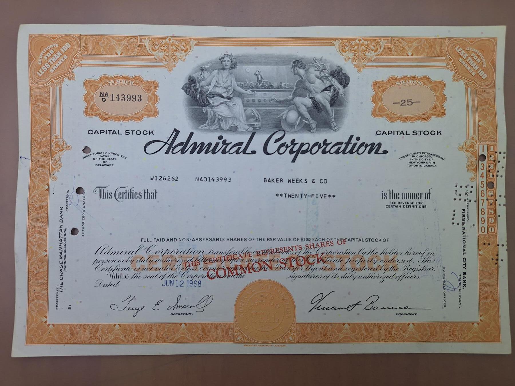 狮子猫股票债券纸品第二期 美国1968年阿赫米拉尔公司 号码143993