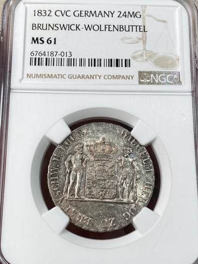 万国钱币拍卖第052期 - NGC MS61 1832年德国布伦斯维克-沃尔芬巴特尔双野人扶盾徽CVC版24玛格 NGC唯一亚军分 曝光底板收藏级品质