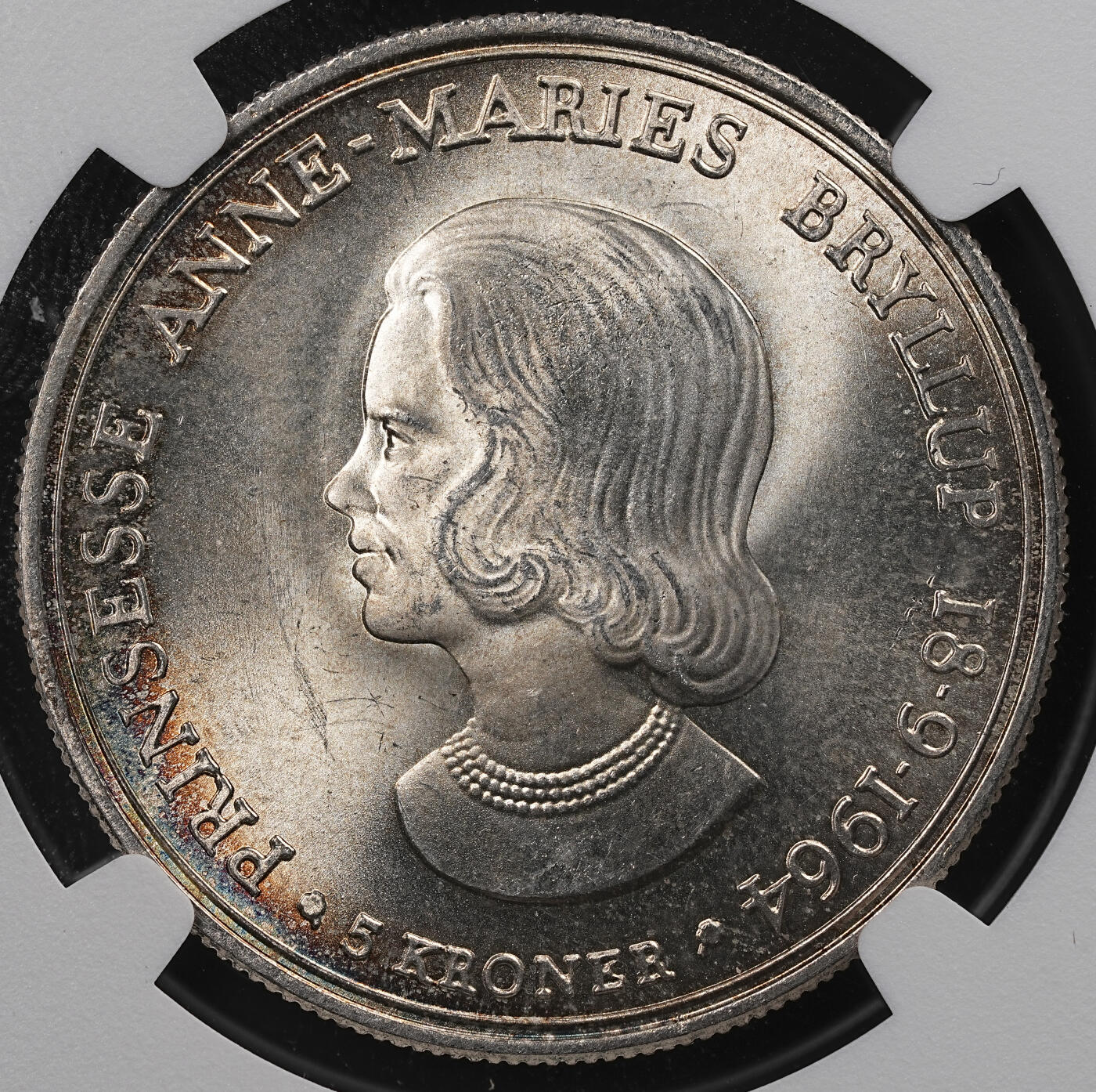 修遠堂世界钱币第八十二期 NGC MS65 1964年丹麦安妮公主结婚纪念5克朗银币