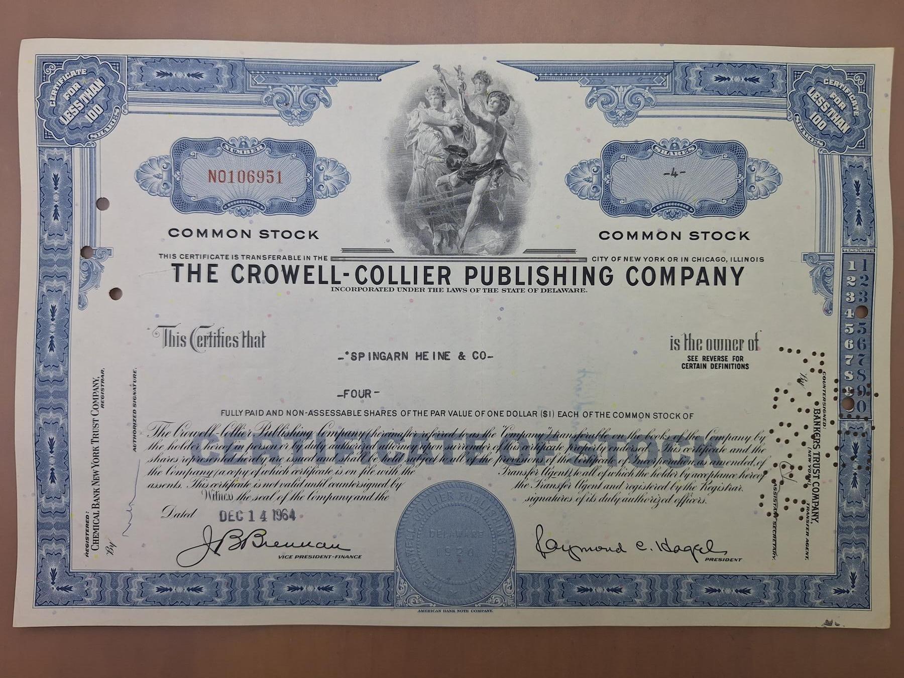 狮子猫股票债券纸品第二期 美国1964年克伦威尔—科利尔出版公司（蓝） 号码106951