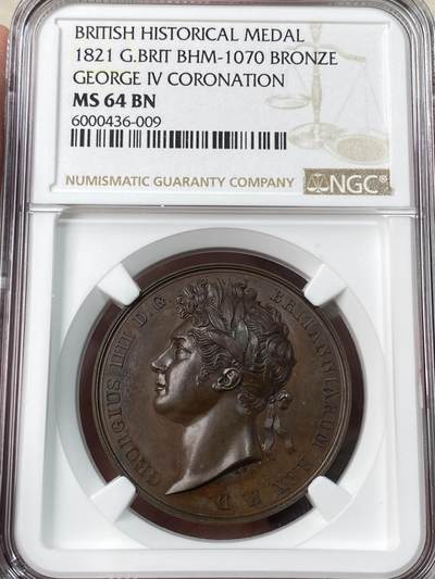 万国钱币拍卖第052期 - NGC MS64 1821年英国乔治四世加冕纪念铜章 英系加冕系列名品 高浮雕全原铜光