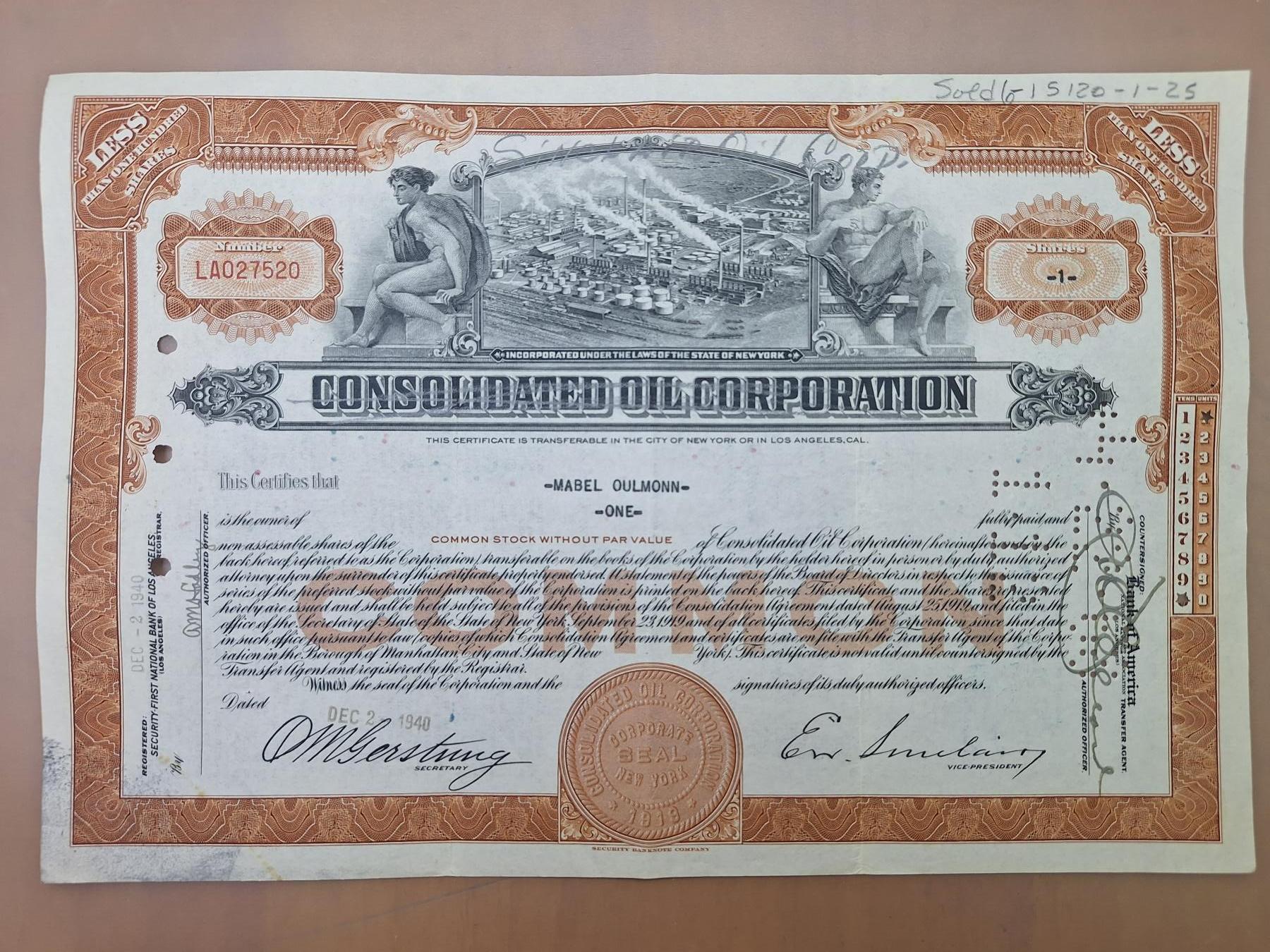 狮子猫股票债券纸品第二期 美国1940年联合石油公司 号码27520