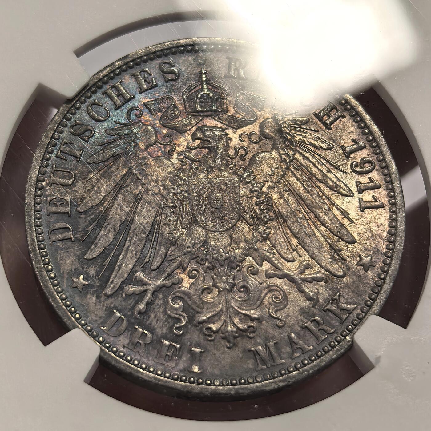 博洋堂世界钱币拍卖第136期（全场包邮） NGC MS63 德国符腾堡1911年银婚纪念3马克银币 五彩带光