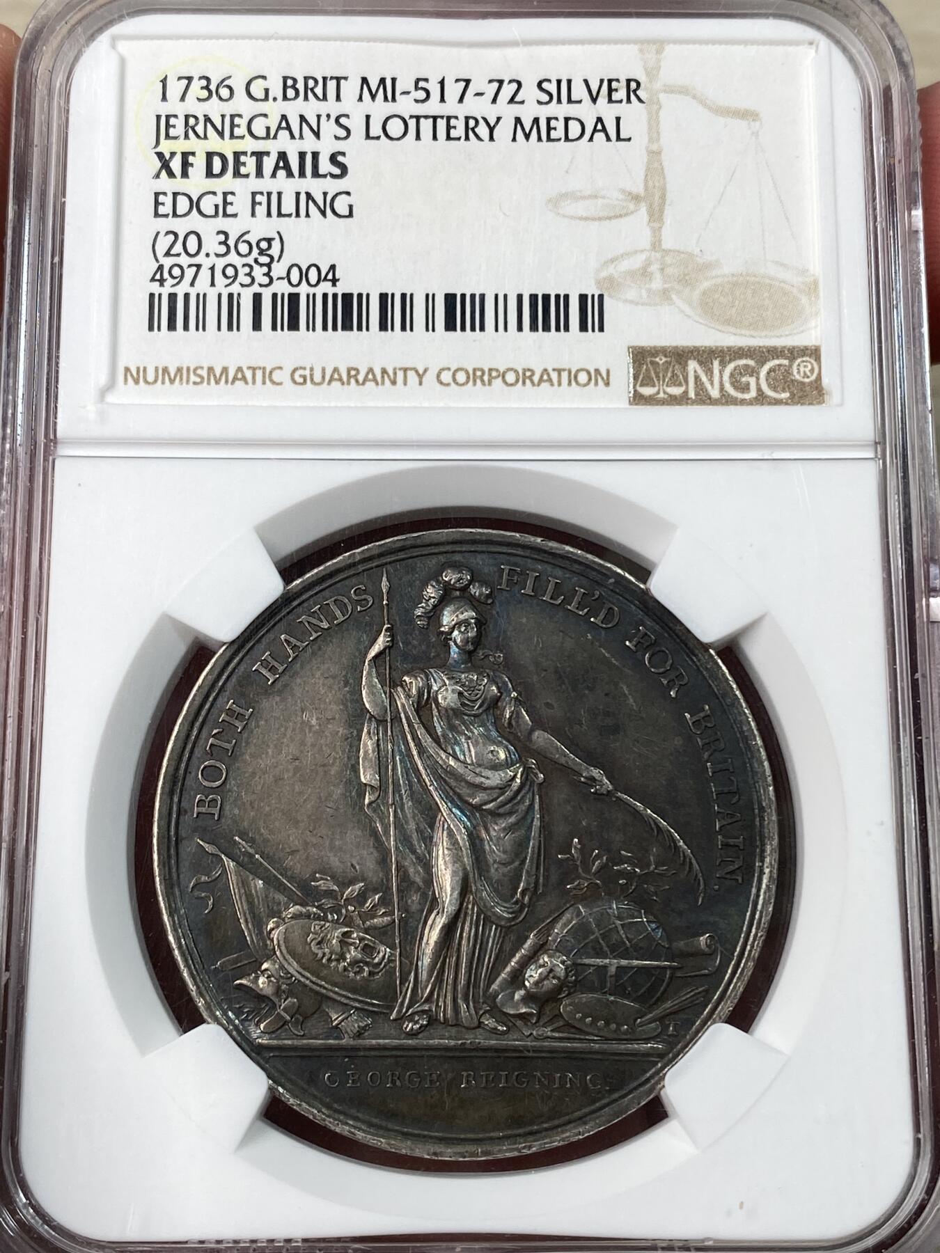 万国钱币拍卖第052期 NGC XFD 1736年英国乔治二世时期北美殖民地杰尼根奖池大银章 包浆自然厚重金属光泽 38.7mm 20.36g