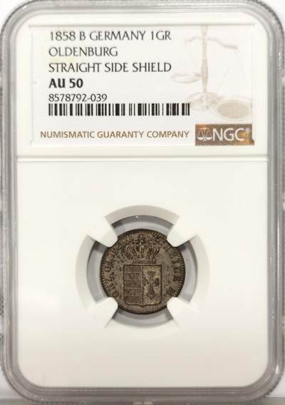博洋堂世界钱币拍卖第136期（全场包邮） - NGC AU50 德国1858年奥尔登堡1GR银币 更高分数仅两枚稀见品
