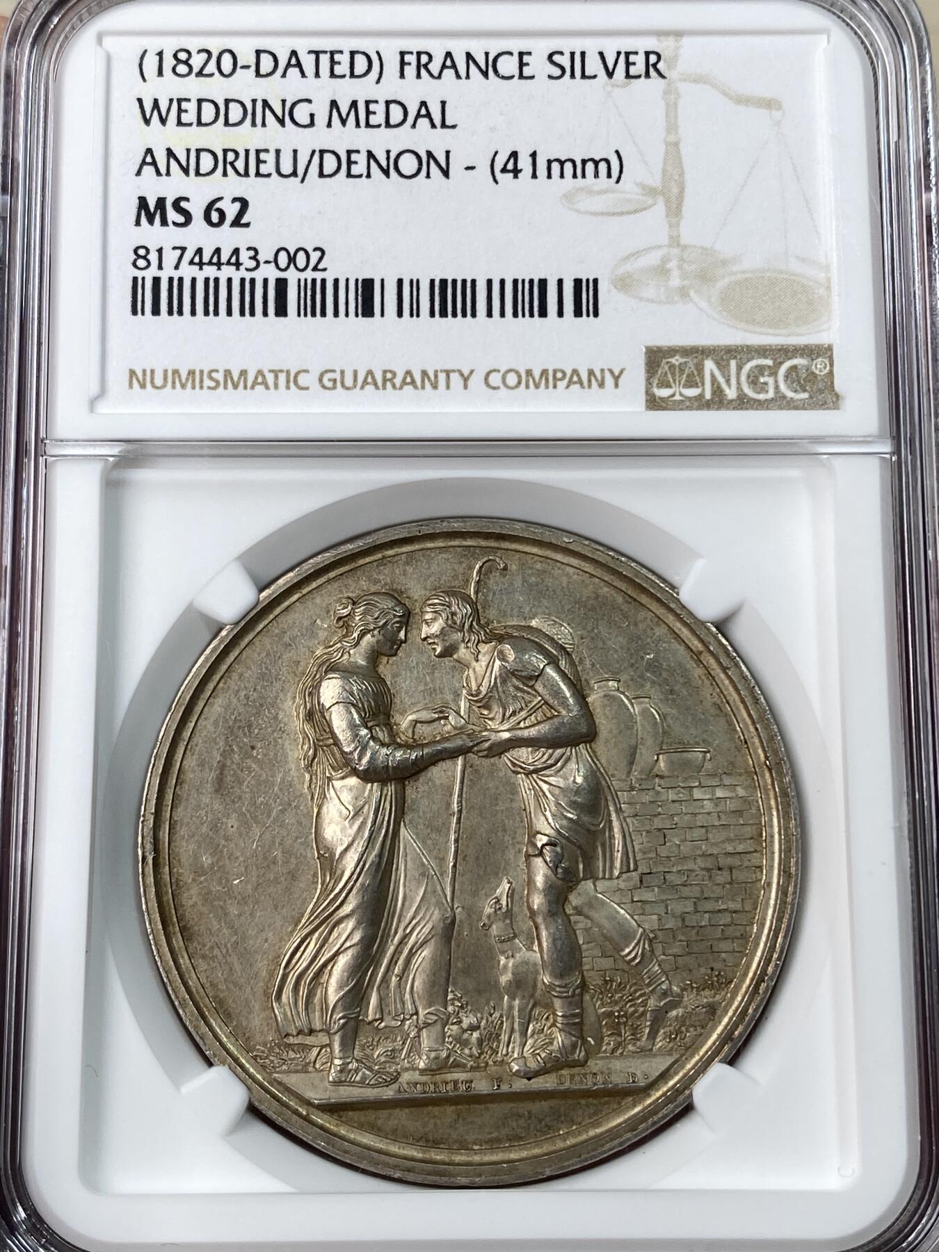 万国钱币拍卖第052期 NGC MS62 1820年法国经典结婚纪念银章 高浮雕人物刻画细腻