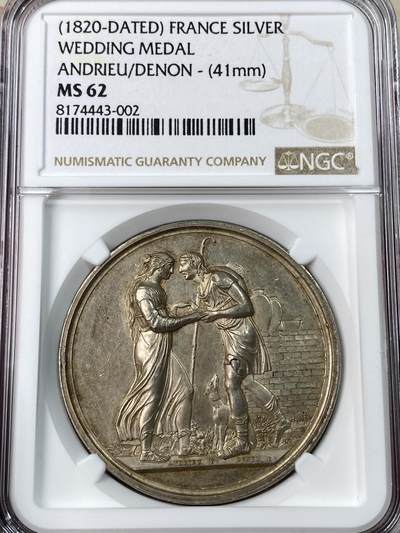 万国钱币拍卖第052期 - NGC MS62 1820年法国经典结婚纪念银章 高浮雕人物刻画细腻