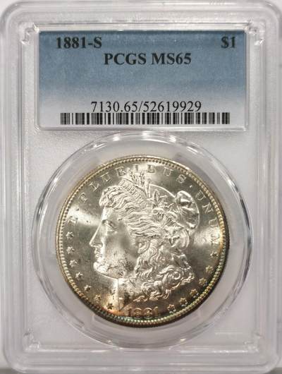 博洋堂世界钱币拍卖第136期（全场包邮） - PCGS MS65 美国摩根1881-S 正面有月牙形彩虹包浆