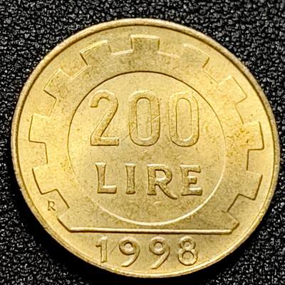 泉币菌-第101场-精品福利场 - 原铜光UNC 意大利1998年200里拉 丰收女神 齿轮 铝青铜币 外国硬币 24mm 