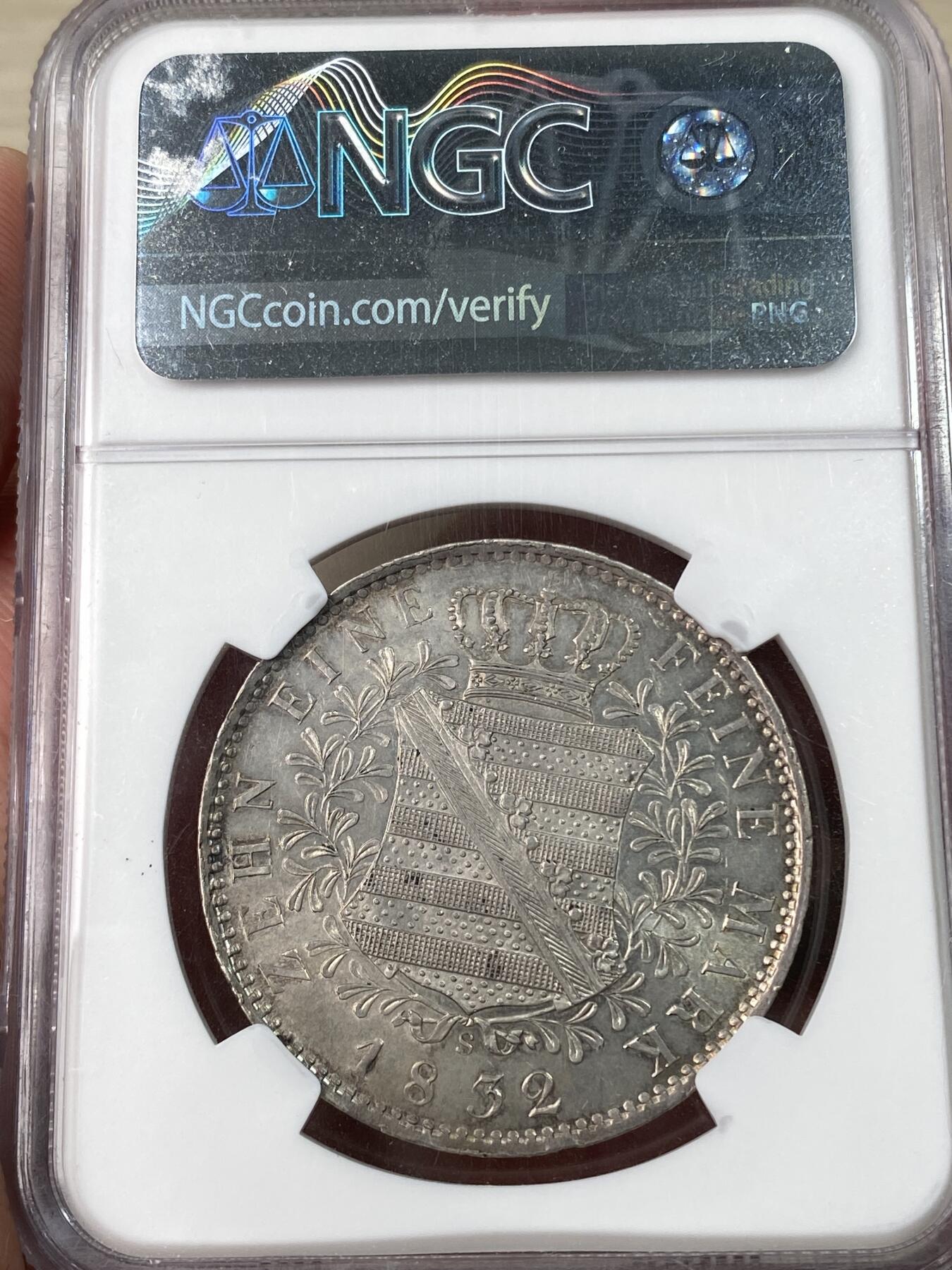 万国钱币拍卖第052期 NGC MS63 1832年萨克森安东五世协议大泰勒 28g大规格 原味包浆转光底板  NGC冠军分