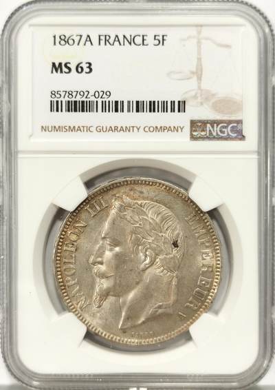 博洋堂世界钱币拍卖第136期（全场包邮） - NGC MS63 法国1867A拿三5法郎大银 淡金彩 好品相 更高分仅仅3枚