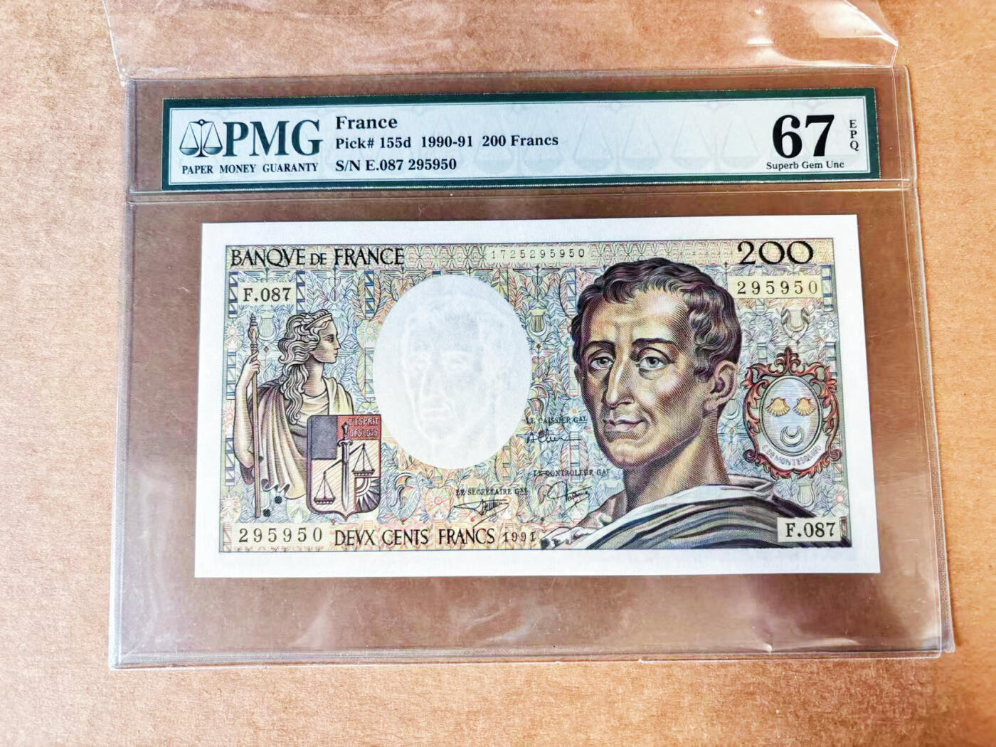 【Blue Auction】世界纸币精拍第717期——18级TOP拍卖/信誉/品质/专业/高效💫 【无47】法国 1991年200法郎 孟德斯鸠  PMG67EPQ 高分 
