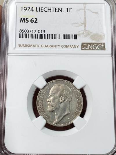 万国钱币拍卖第052期 - NGC MS62 1924年列支敦士登1法郎银币 原味均匀红酒淡彩包浆