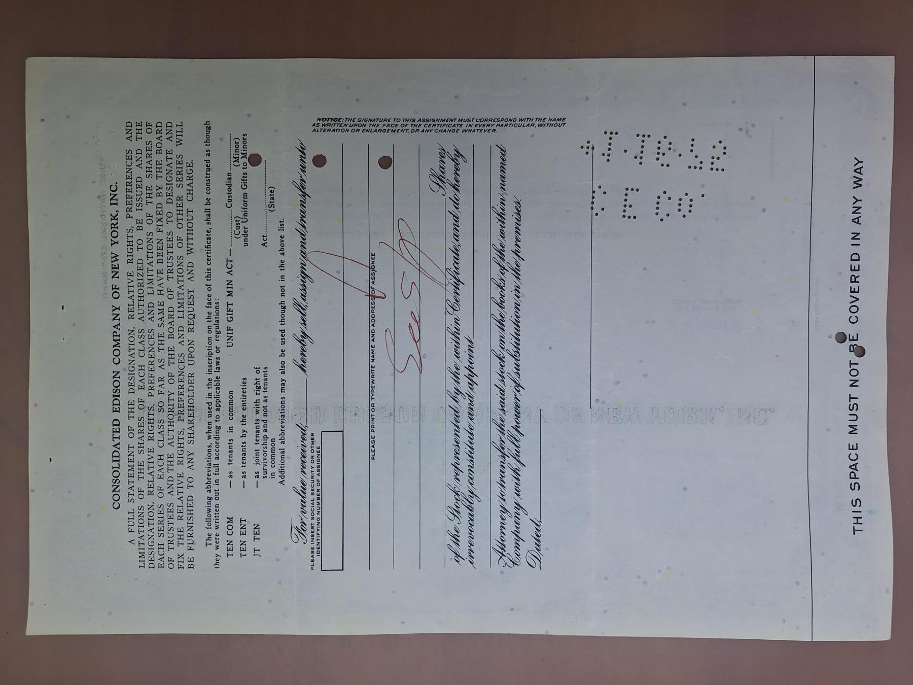狮子猫股票债券纸品第二期 美国1965年爱迪生联合电气公司（蓝） 号码116058