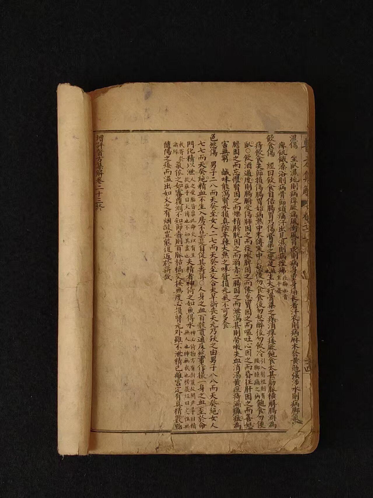 清末  中医方剂【医方集解】四本合订共二十三巻，由名医“汪昂”，此书按方剂的功用分为二十一门，载正方三百二十则，附方更多。摘录前人对方剂配伍的解释，并叙述每一方剂的适应证、用药配伍及加减法。末附有救急良方等。内容完整、保老保真！
