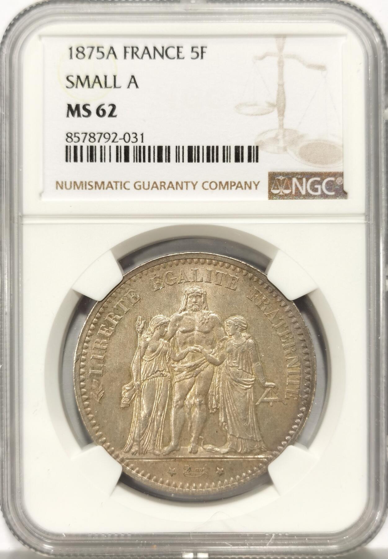 博洋堂世界钱币拍卖第136期（全场包邮） NGC MS62 法国1875年大力神5法郎 欧陆灰彩 品佳 发行量少