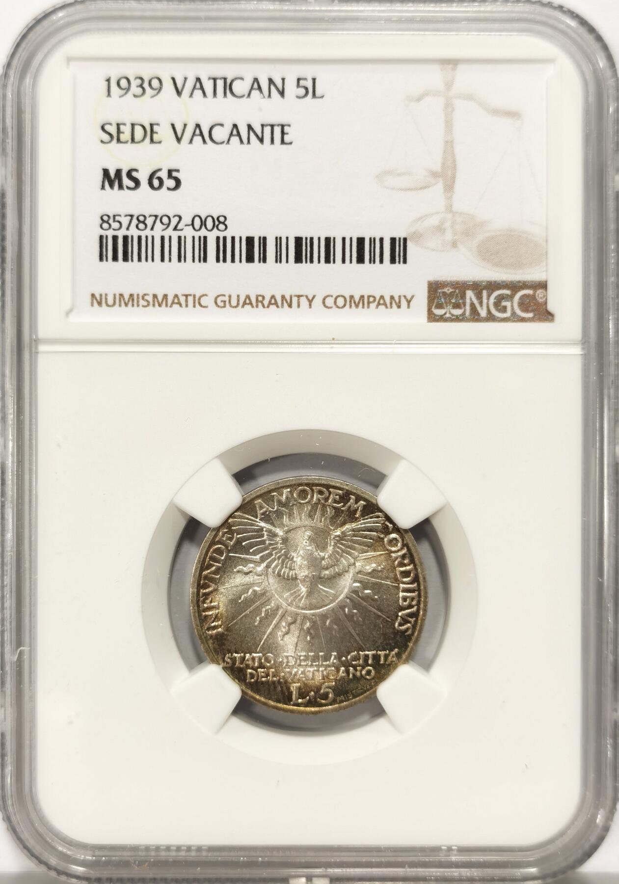 博洋堂世界钱币拍卖第136期（全场包邮） NGC MS65 梵蒂冈1939年教皇缺位 圣灵鸟炫彩5里拉银币