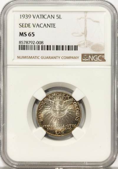 博洋堂世界钱币拍卖第136期（全场包邮） - NGC MS65 梵蒂冈1939年教皇缺位 圣灵鸟炫彩5里拉银币