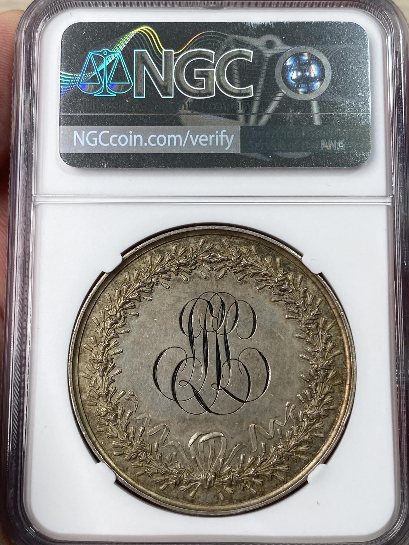 万国钱币拍卖第052期 NGC MS62 1820年法国经典结婚纪念银章 高浮雕人物刻画细腻