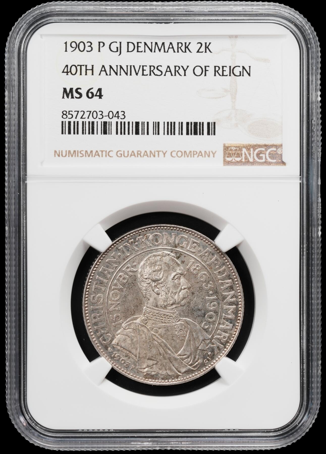 修遠堂世界钱币第八十二期 NGC MS64 1903年丹麦国王登基40周年纪念2克朗银币
