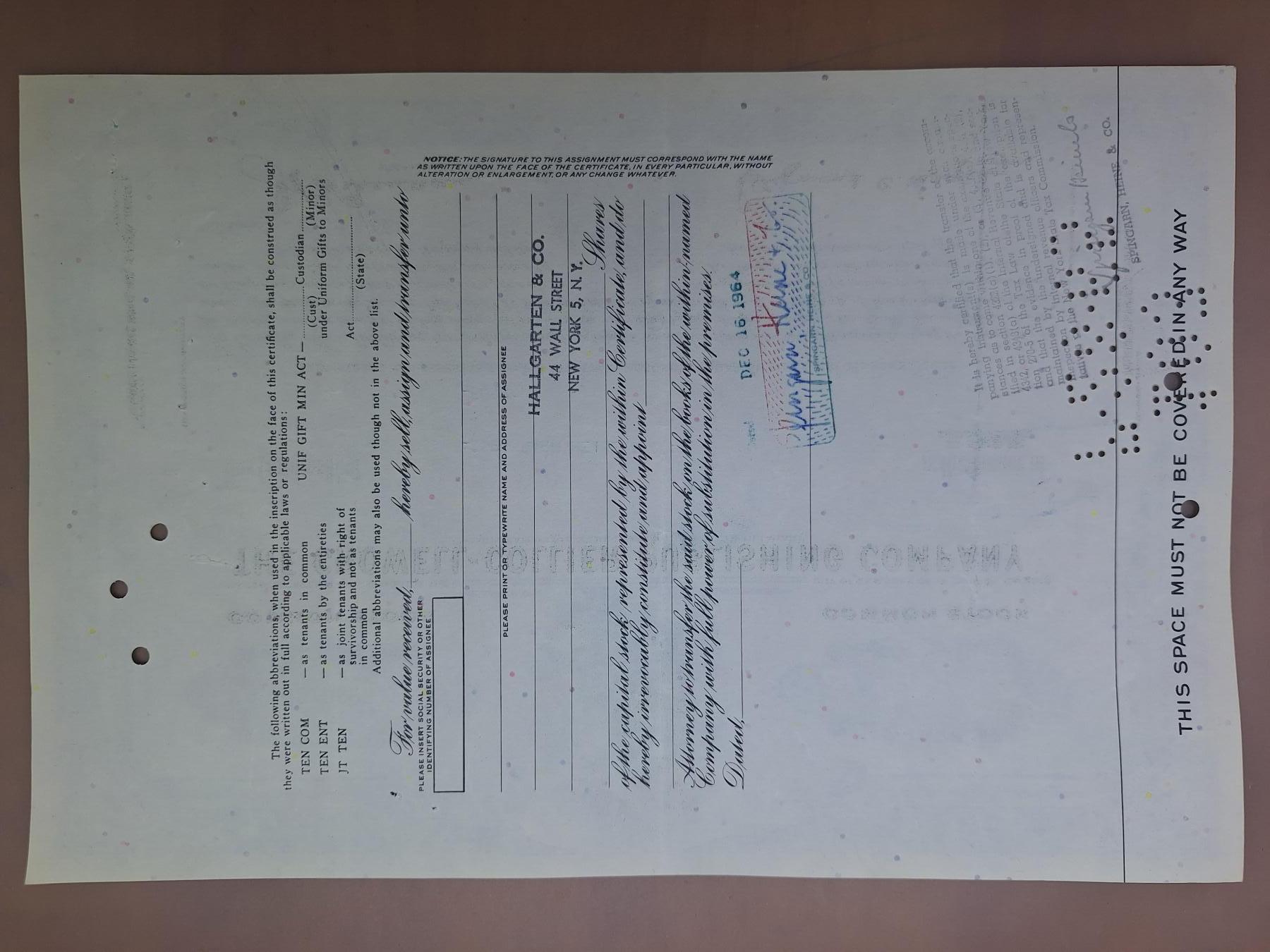 狮子猫股票债券纸品第二期 美国1964年克伦威尔—科利尔出版公司（蓝） 号码106951