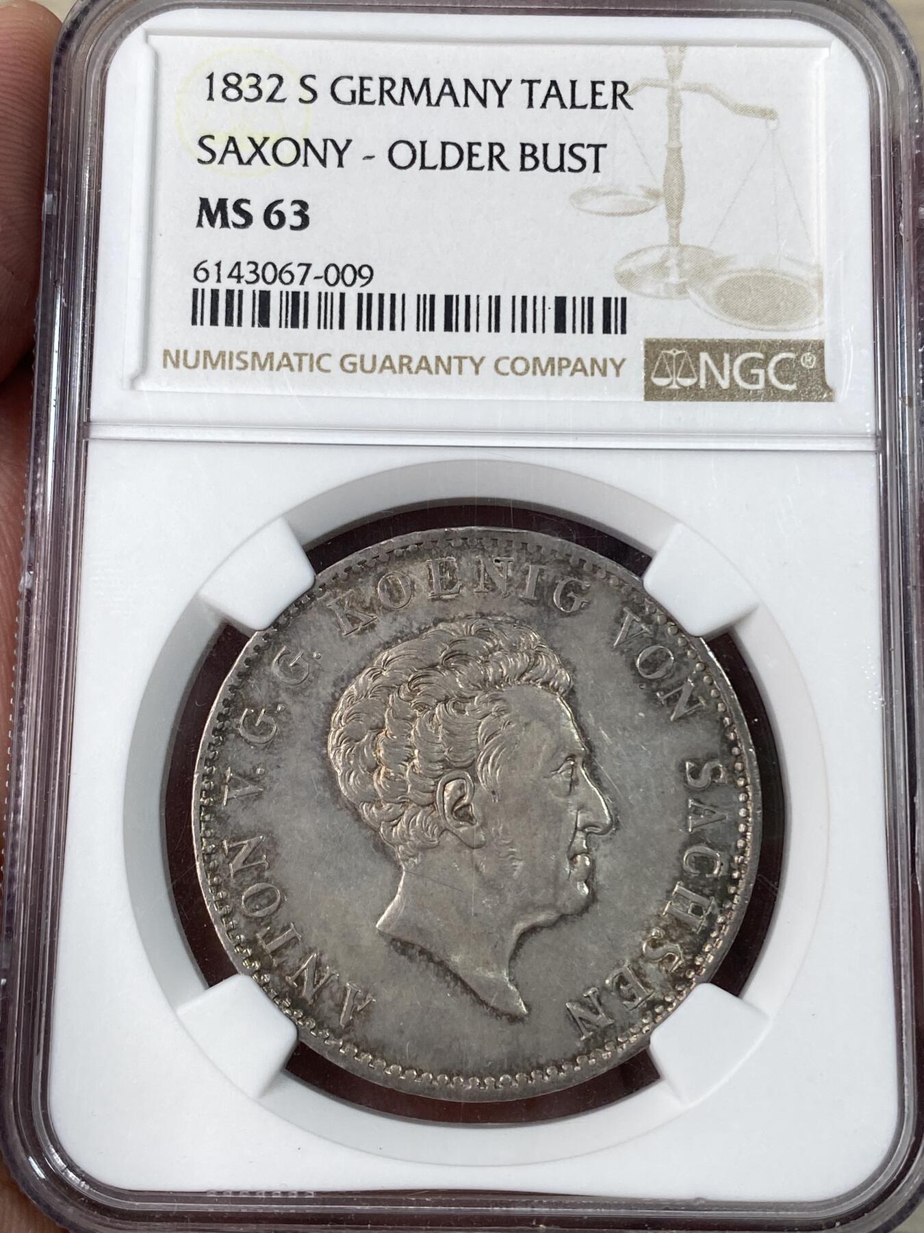 万国钱币拍卖第052期 NGC MS63 1832年萨克森安东五世协议大泰勒 28g大规格 原味包浆转光底板  NGC冠军分