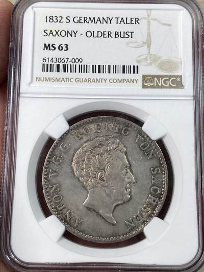 万国钱币拍卖第052期 - NGC MS63 1832年萨克森安东五世协议大泰勒 28g大规格 原味包浆转光底板  NGC冠军分