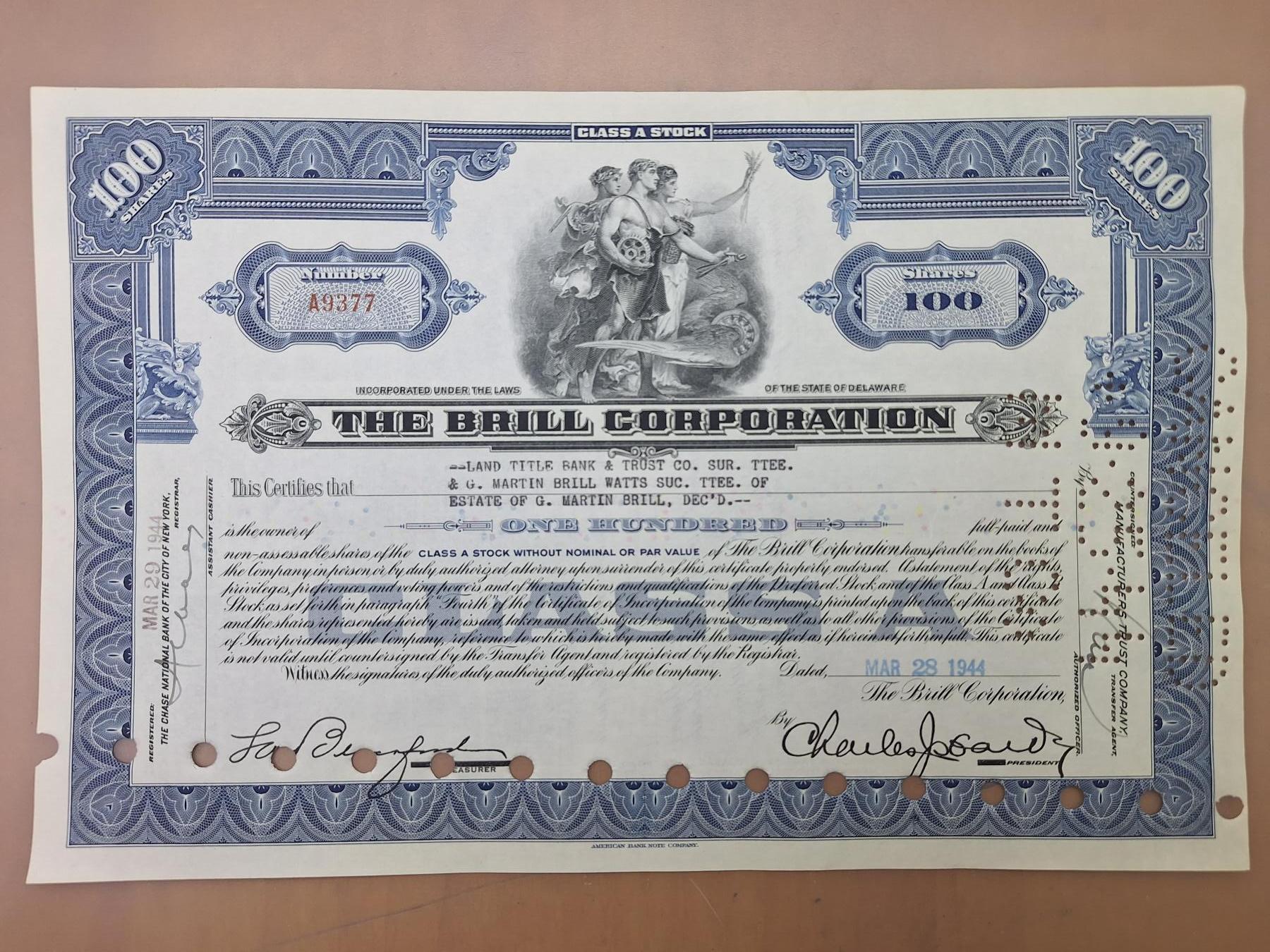 狮子猫股票债券纸品第二期 美国1944年布里尔公司 号码9377