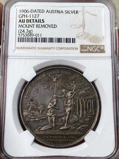 万国钱币拍卖第052期 - NGC AUD 19世纪奥地利洗礼纪念大银章 正面为耶稣在约旦河受洗 背面小天使手持盾徽签名使用款原味
