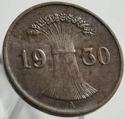 文馨钱币收藏第 269 场，长期接收代拍品 - 极美品 1930 年魏玛共和国 1 芬尼铜币 A 版