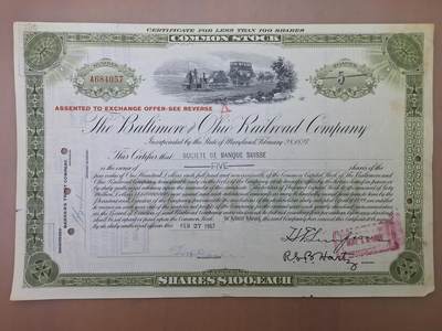 狮子猫股票债券纸品第二期 - 美国1957年巴利莫尔俄亥俄铁路公司（绿） 号码684057