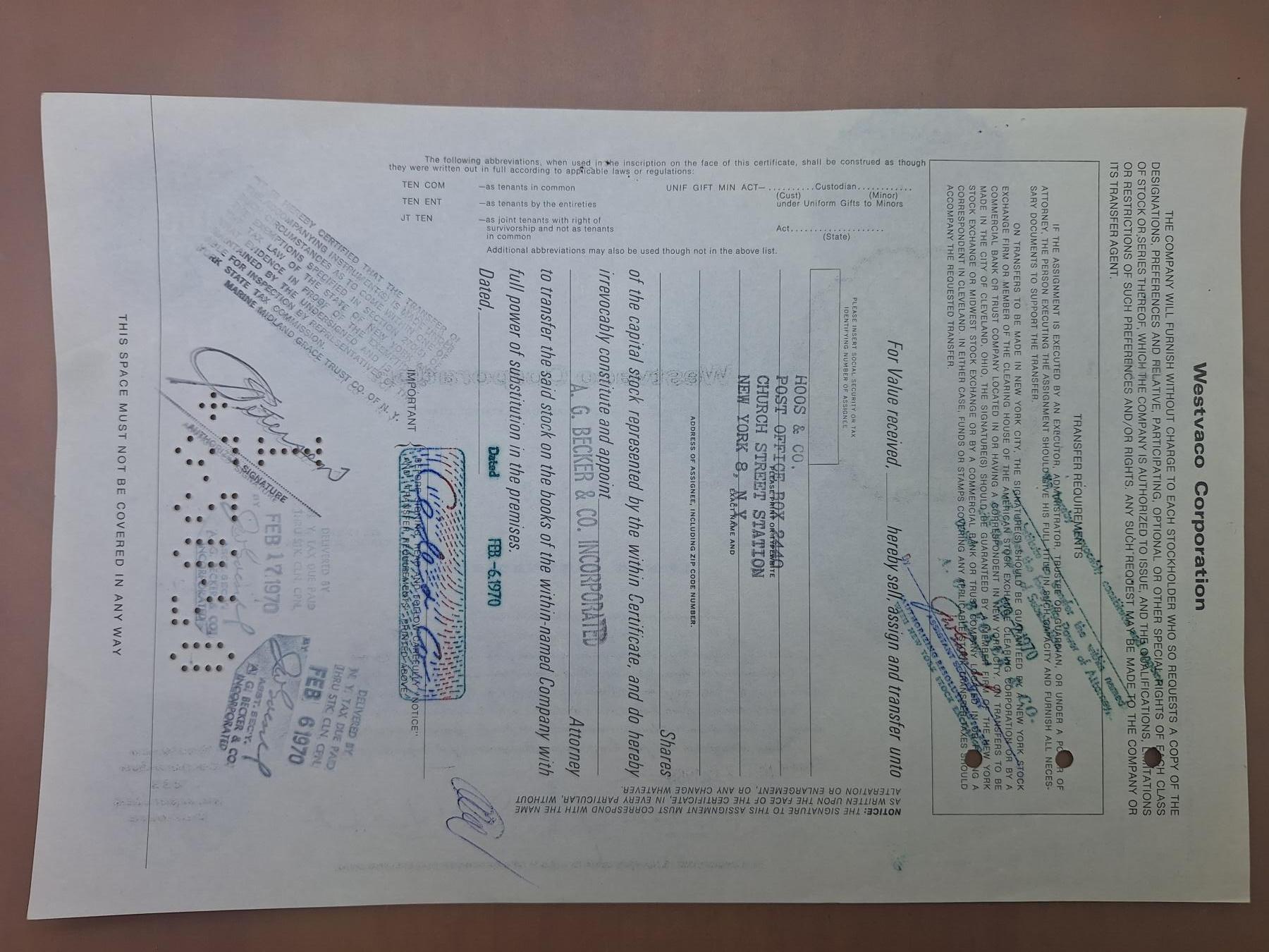 狮子猫股票债券纸品第二期 美国1969年维斯特沃科公司（蓝）号码97114