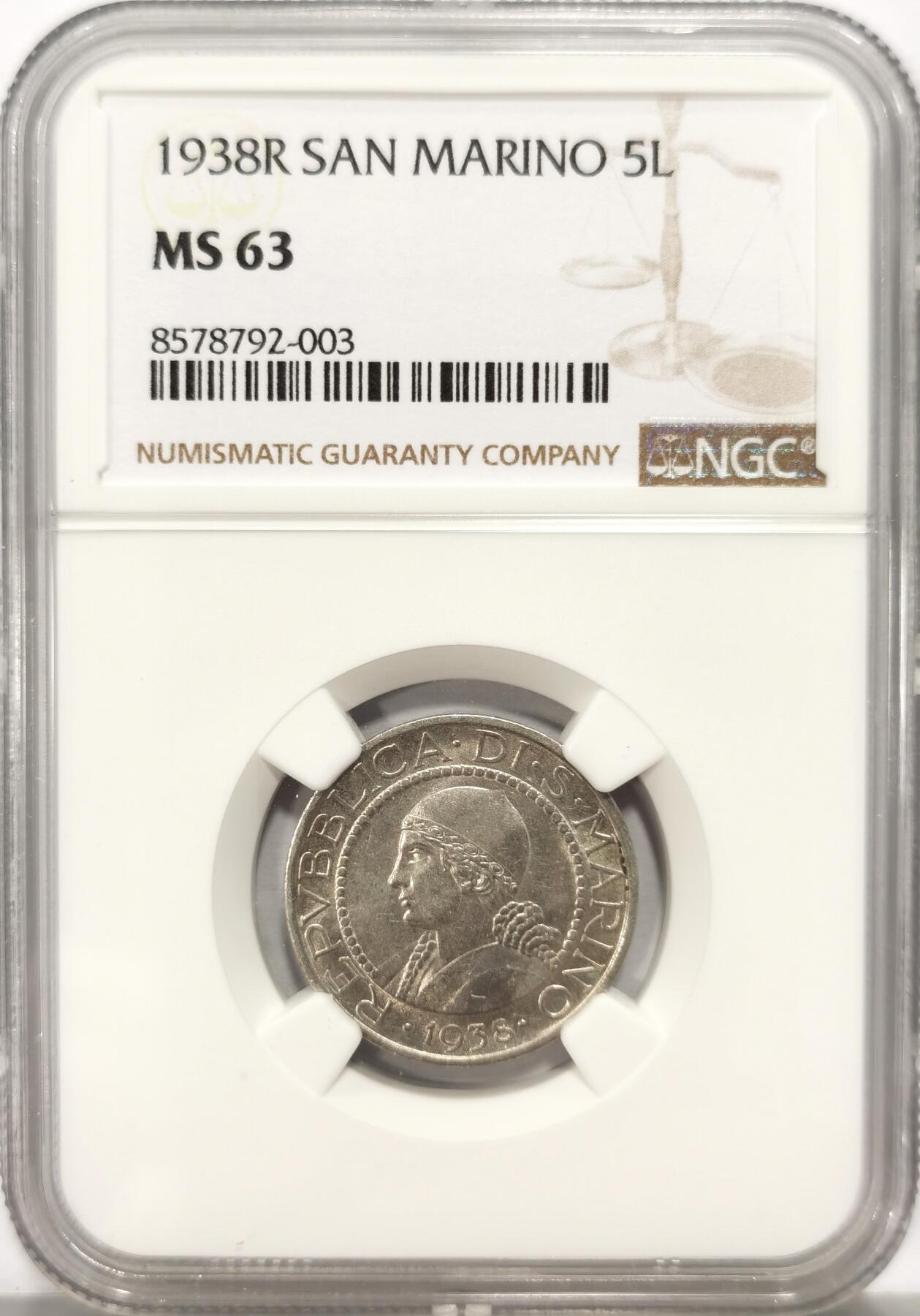 博洋堂世界钱币拍卖第136期（全场包邮） NGC MS63 圣马力诺1938年5里拉银币