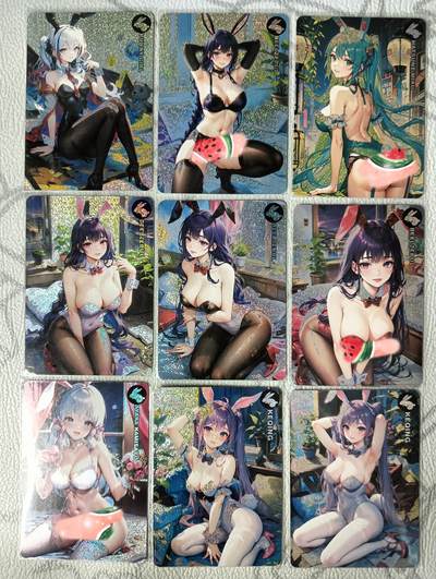 花开卡拍第36期（8月31号周日截拍，品控勿拍!!!拍品不寄存，运费5元，自制卡难免瑕疵，可能存在轻微撞角爆边等出厂瑕疵，品控介意勿拍！） - 驴打滚卡牌 兔女郎一套9张 小圆点彩闪 童颜大雷小姐姐们都超级可爱 