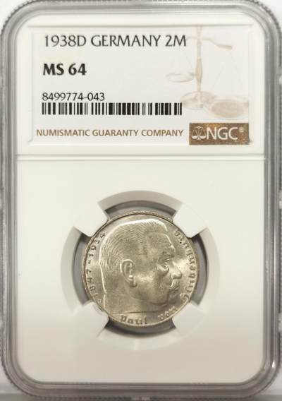 博洋堂世界钱币拍卖第136期（全场包邮） - NGC MS64 德国第三帝国1938年D版兴登堡2马克银币