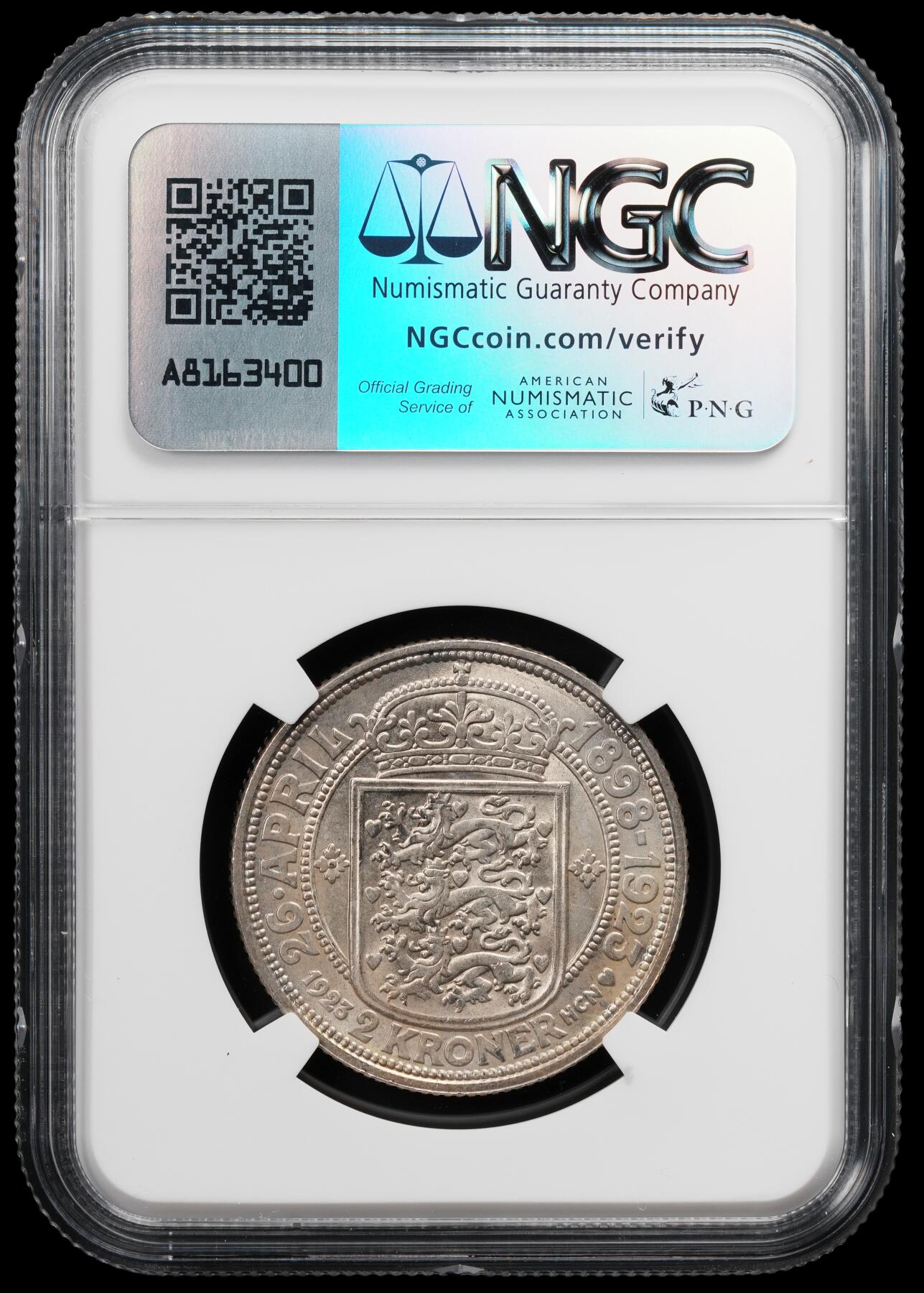 修遠堂世界钱币第八十二期 NGC MS64 1923年丹麦国王银婚纪念2克朗银币