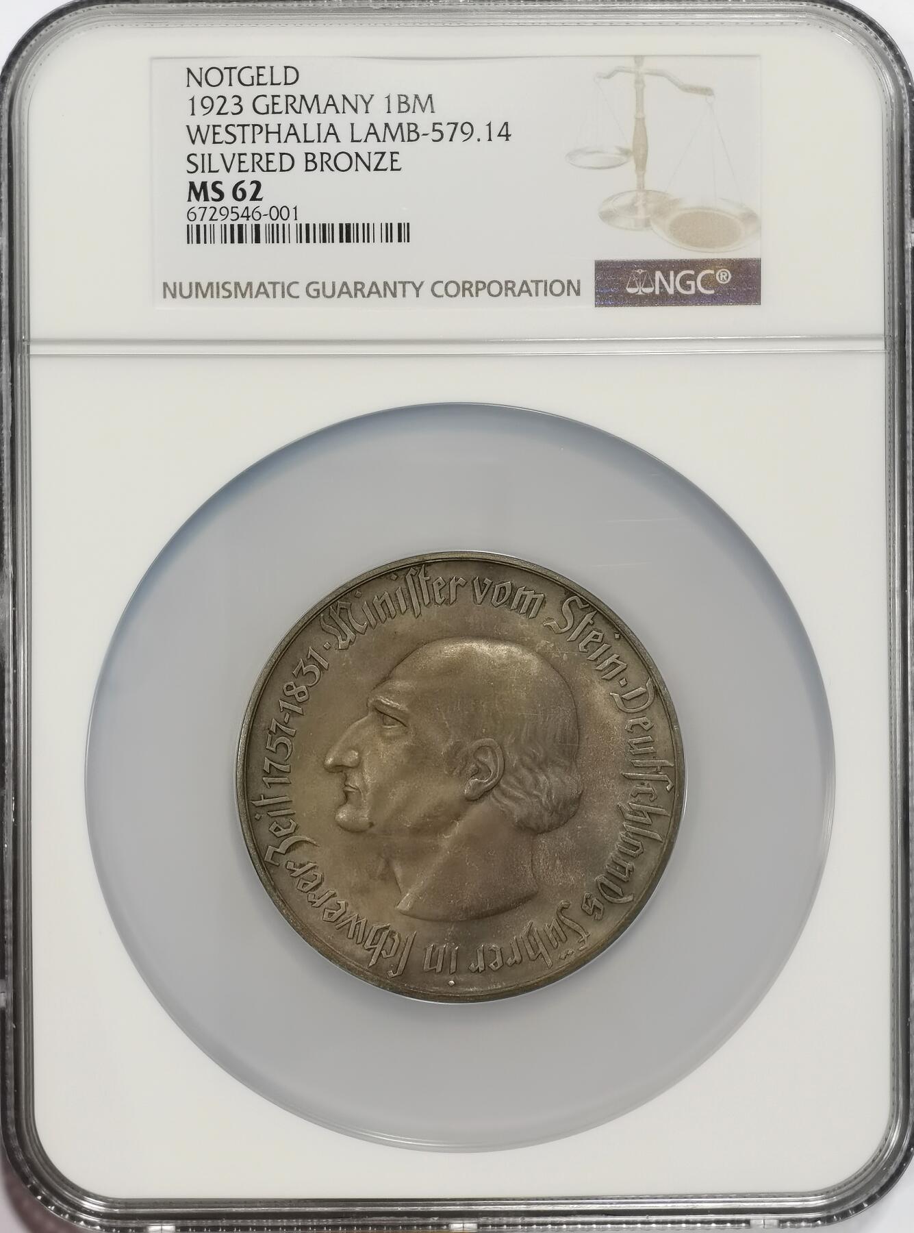 博洋堂世界钱币拍卖第136期（全场包邮） NGC MS62 德国1923年紧急状态时期1万亿马克，威斯特伐利亚大马币，人类历史上最大面值的硬币，老包浆状态非常棒