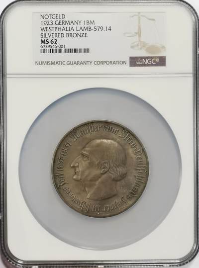 博洋堂世界钱币拍卖第136期（全场包邮） - NGC MS62 德国1923年紧急状态时期1万亿马克，威斯特伐利亚大马币，人类历史上最大面值的硬币，老包浆状态非常棒
