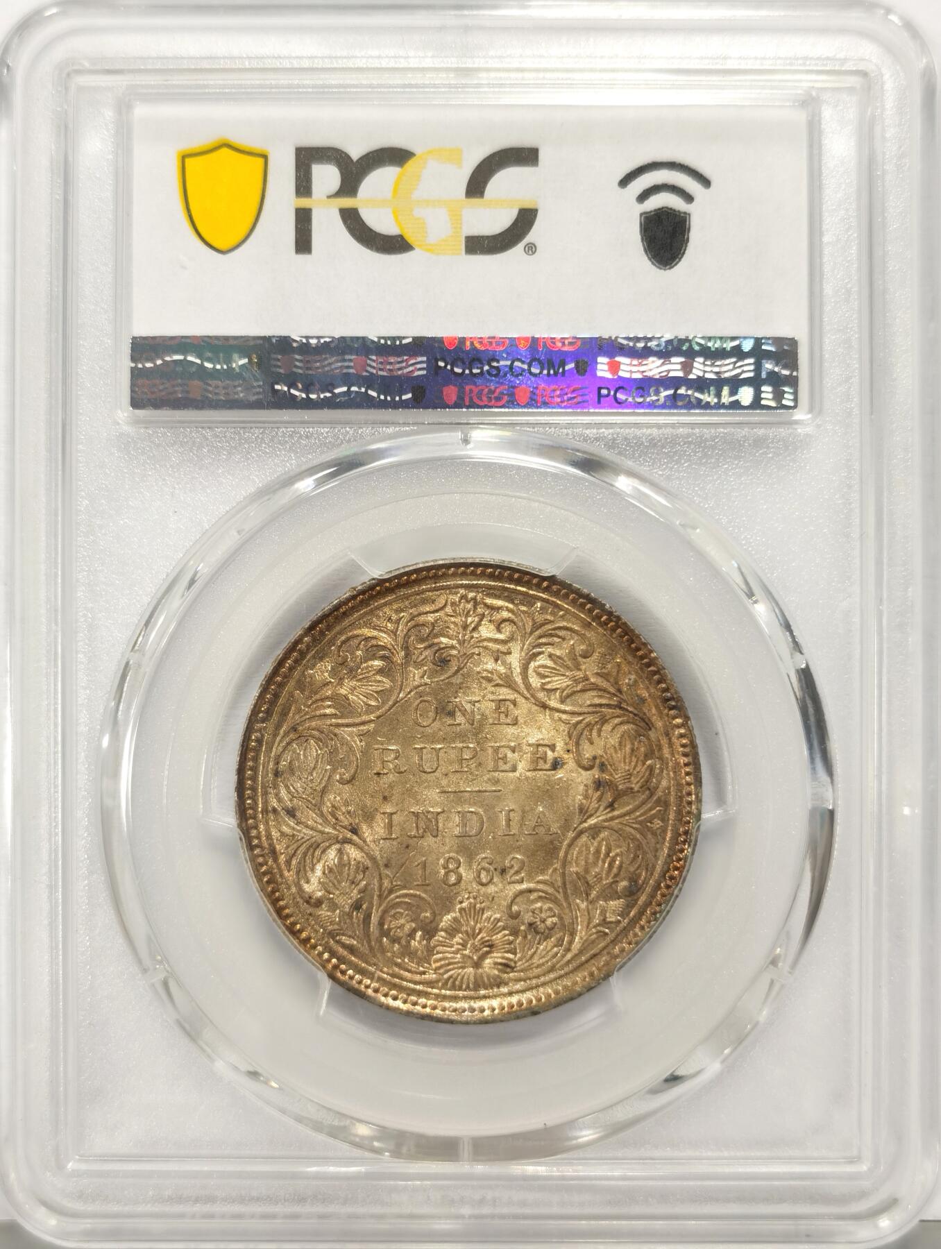 博洋堂世界钱币拍卖第136期（全场包邮） PCGS MS62 英属印度1862年维多利亚1卢比银币，少见黄油包浆四点版