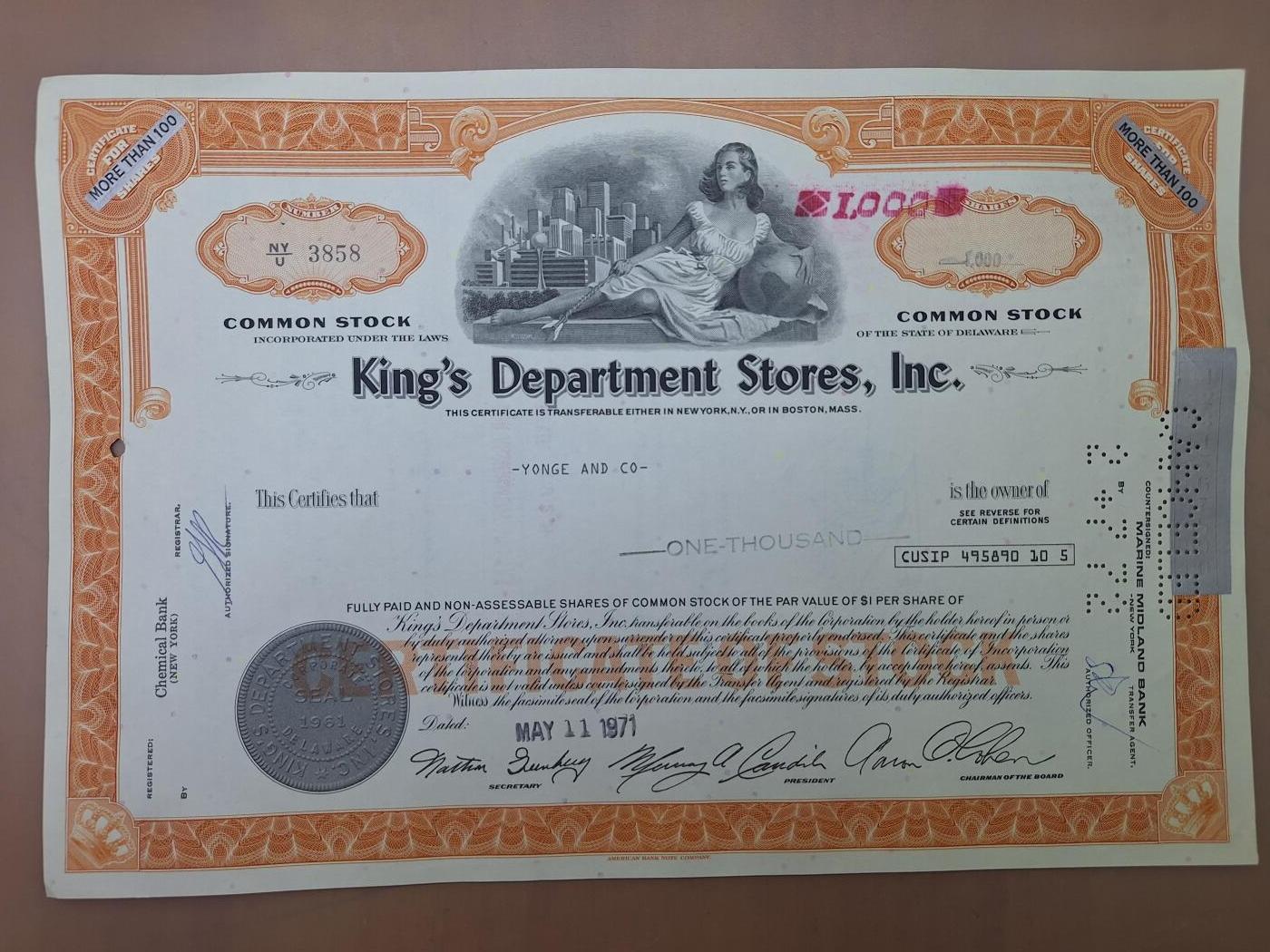 狮子猫股票债券纸品第二期 美国1971年国王百货公司（橙） 号码3858